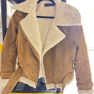 Zara WOMAN Tan Brown Faux Suede Shearling Aviator Bomber Jacket M